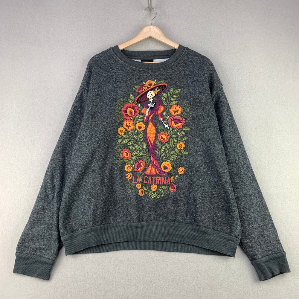 Hasta Siempre La Catrina Crewneck Sweatshirt Womens XL Gray Dia De Los Muertos
